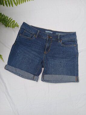 Sonoma Boyfriend Dark Blue Stretchy Denim Shorts with Branded Button